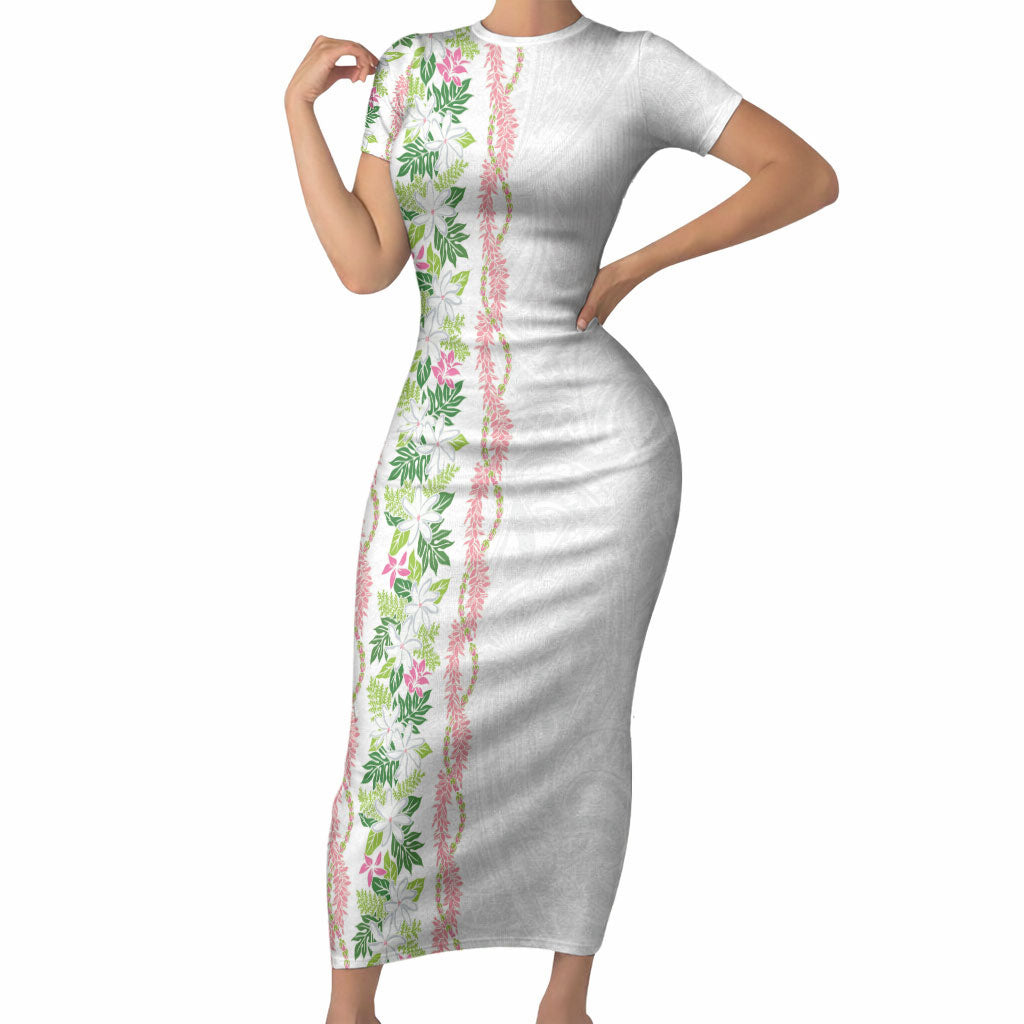 Monstera Tiare Plumeria Short Sleeve Bodycon Dress Green Polynesian Pattern LT01 Long Dress Green - Polynesian Pride