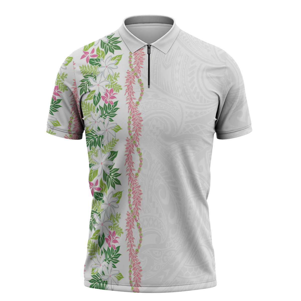 Monstera Tiare Plumeria Zipper Polo Shirt Green Polynesian Pattern LT01 Green - Polynesian Pride