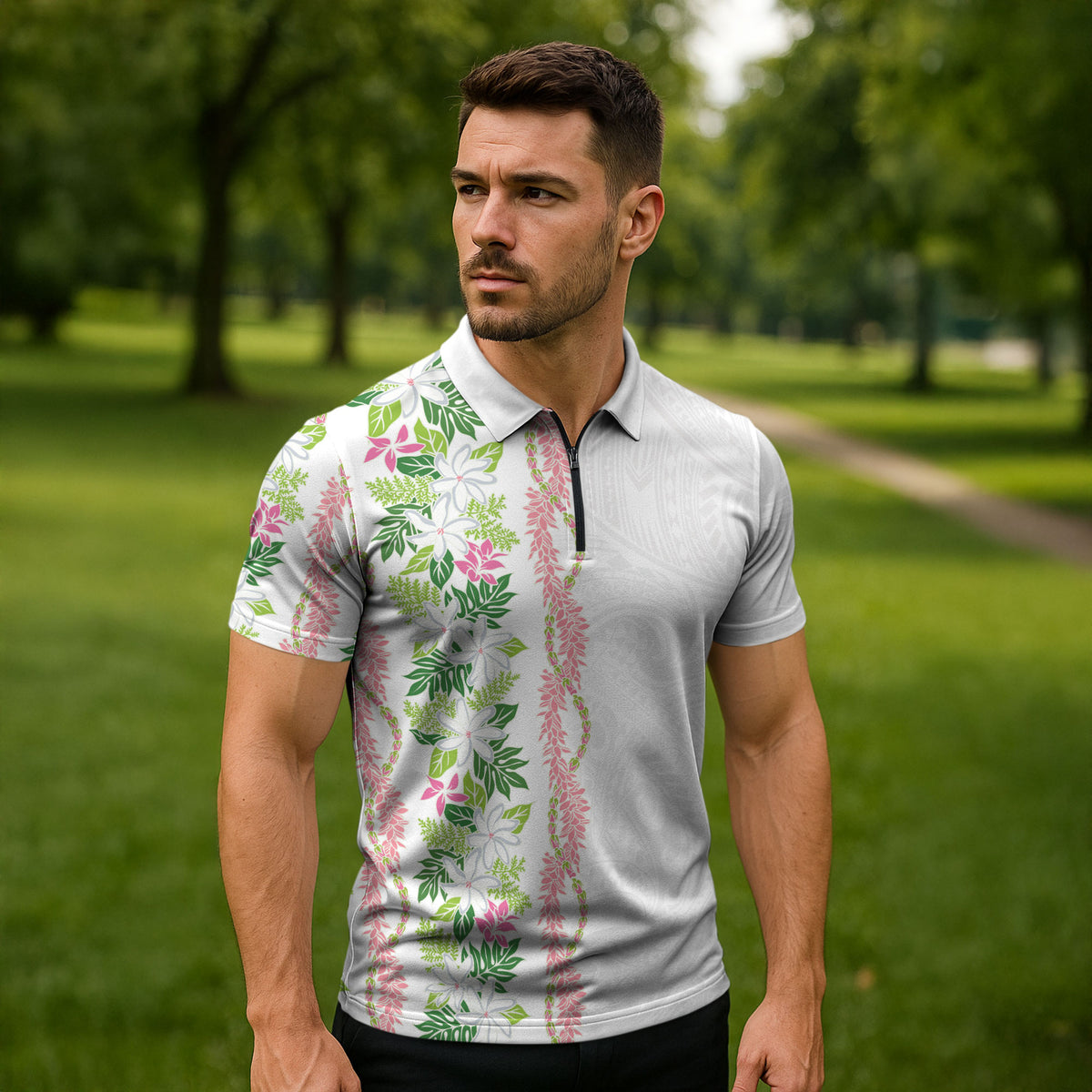 Monstera Tiare Plumeria Zipper Polo Shirt Green Polynesian Pattern LT01 - Polynesian Pride
