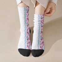 Monstera Tiare Plumeria Crew Socks Pink Polynesian Pattern