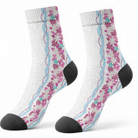 Monstera Tiare Plumeria Crew Socks Pink Polynesian Pattern