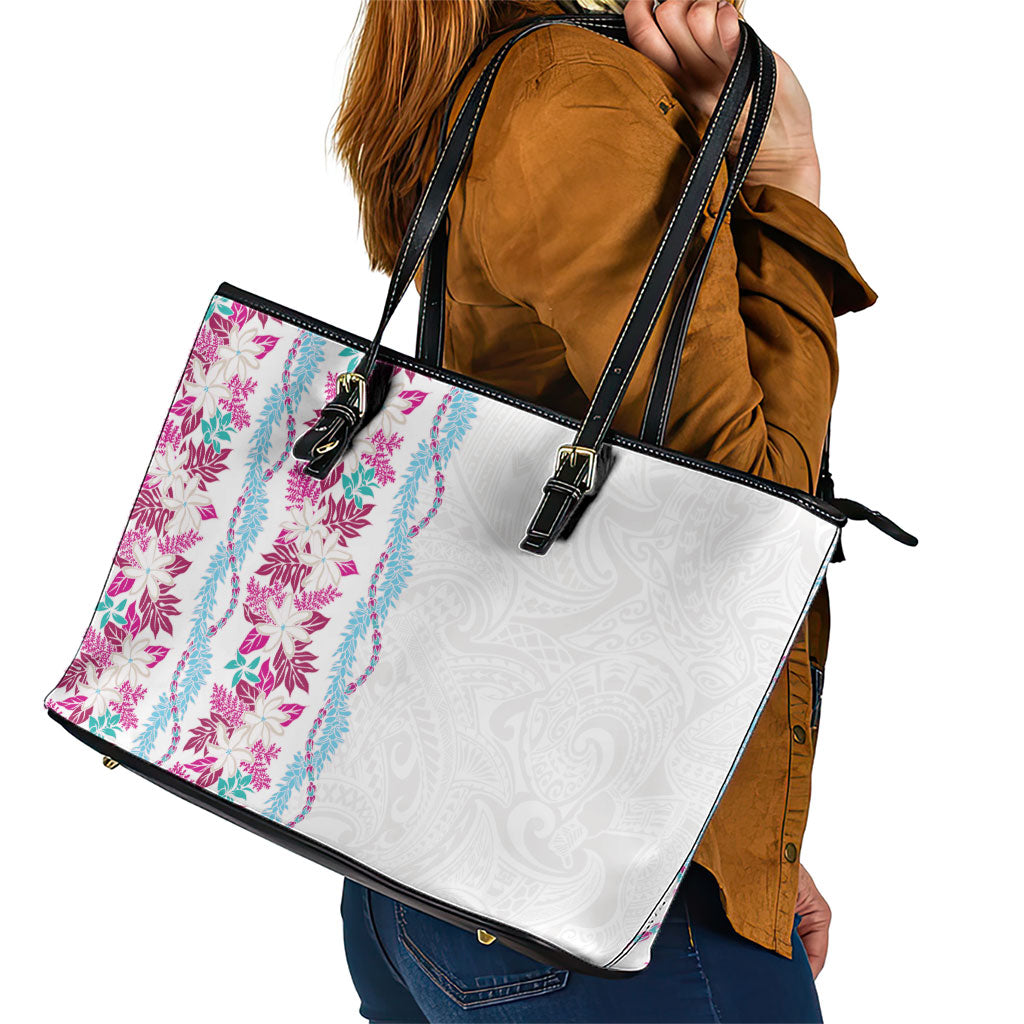 Monstera Tiare Plumeria Leather Tote Bag Pink Polynesian Pattern LT01 - Polynesian Pride
