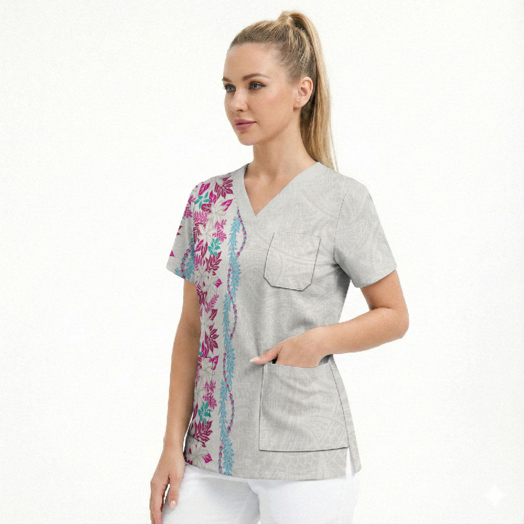 Monstera Tiare Plumeria Scrub Top Pink Polynesian Pattern LT01 - Polynesian Pride