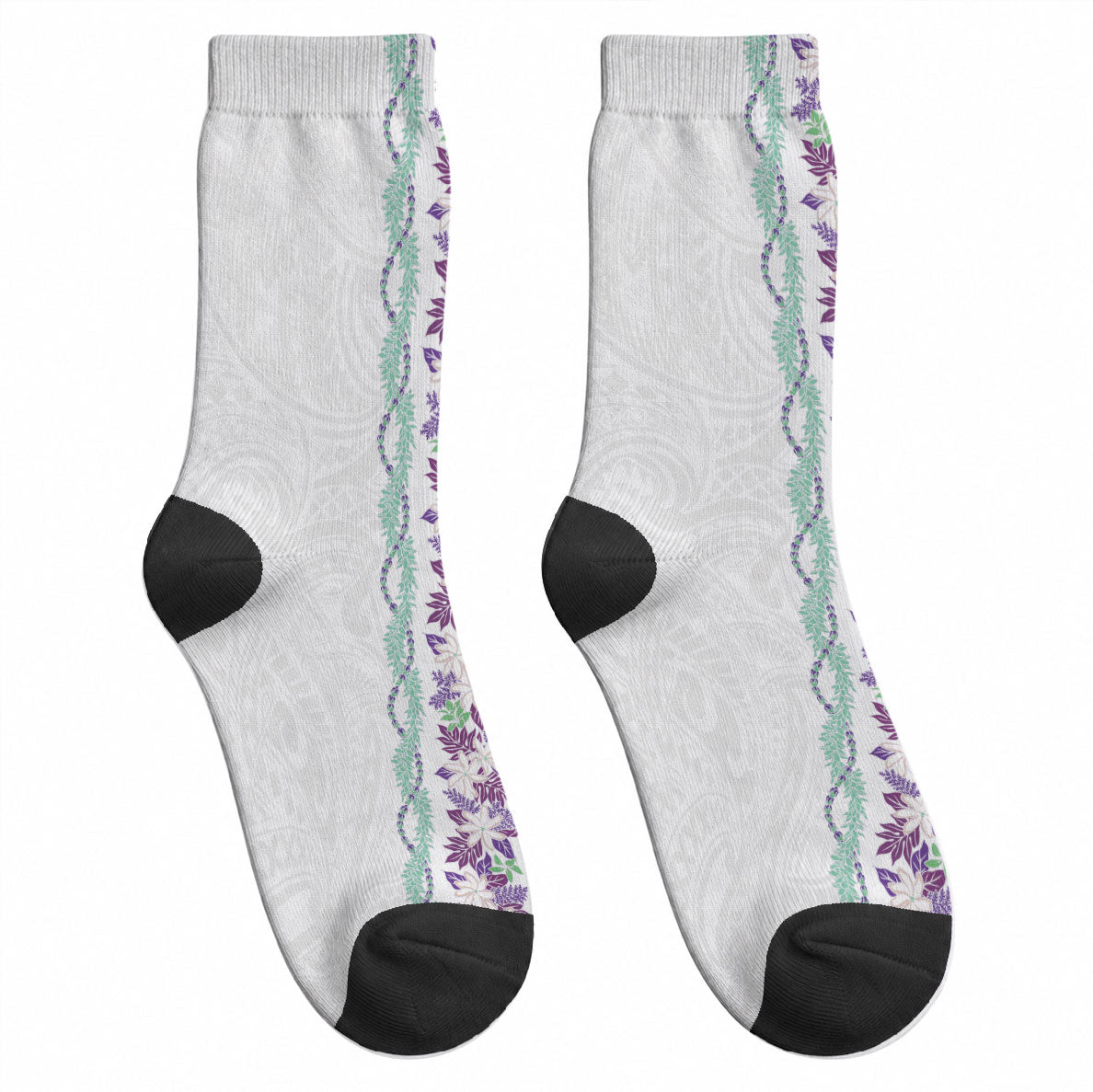 Monstera Tiare Plumeria Crew Socks Purple Polynesian Pattern LT01 - Polynesian Pride