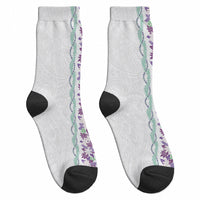 Monstera Tiare Plumeria Crew Socks Purple Polynesian Pattern LT01 - Polynesian Pride