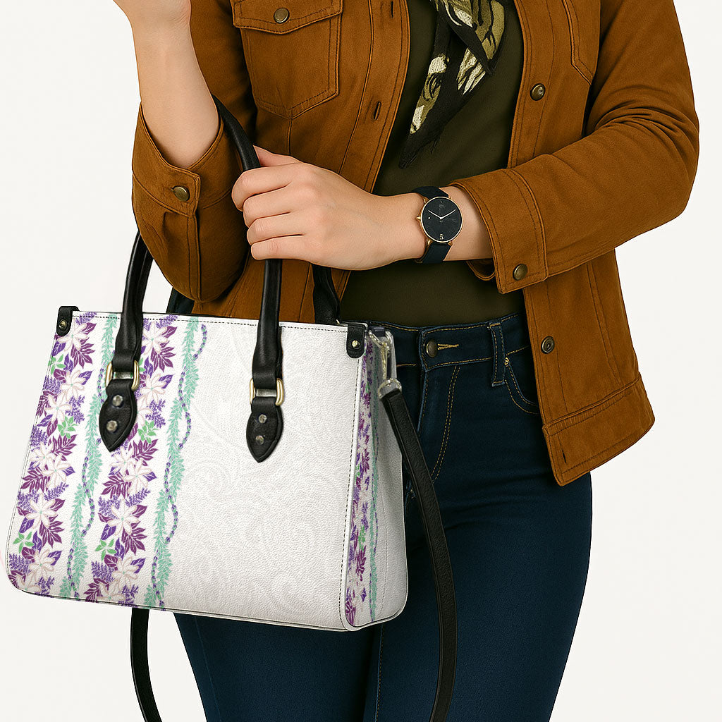 Monstera Tiare Plumeria Leather Bag Purple Polynesian Pattern LT01 - Polynesian Pride