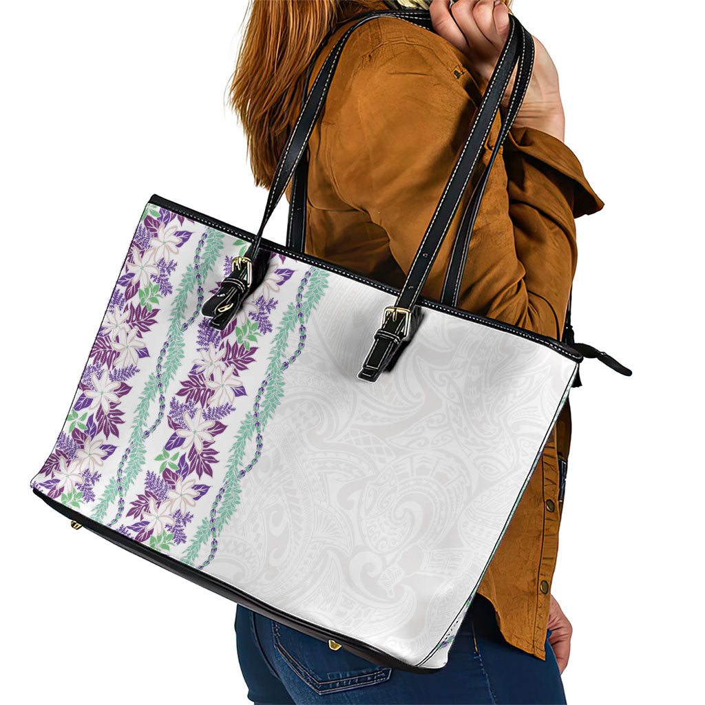 Monstera Tiare Plumeria Leather Tote Bag Purple Polynesian Pattern LT01 - Polynesian Pride