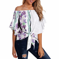 Monstera Tiare Plumeria Off Shoulder Wrap Waist Top Purple Polynesian Pattern LT01 Purple - Polynesian Pride