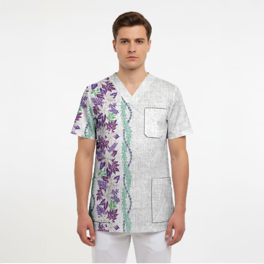 Monstera Tiare Plumeria Scrub Top Purple Polynesian Pattern LT01 - Polynesian Pride
