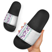 Monstera Tiare Plumeria Slide Sandals Purple Polynesian Pattern LT01 - Polynesian Pride