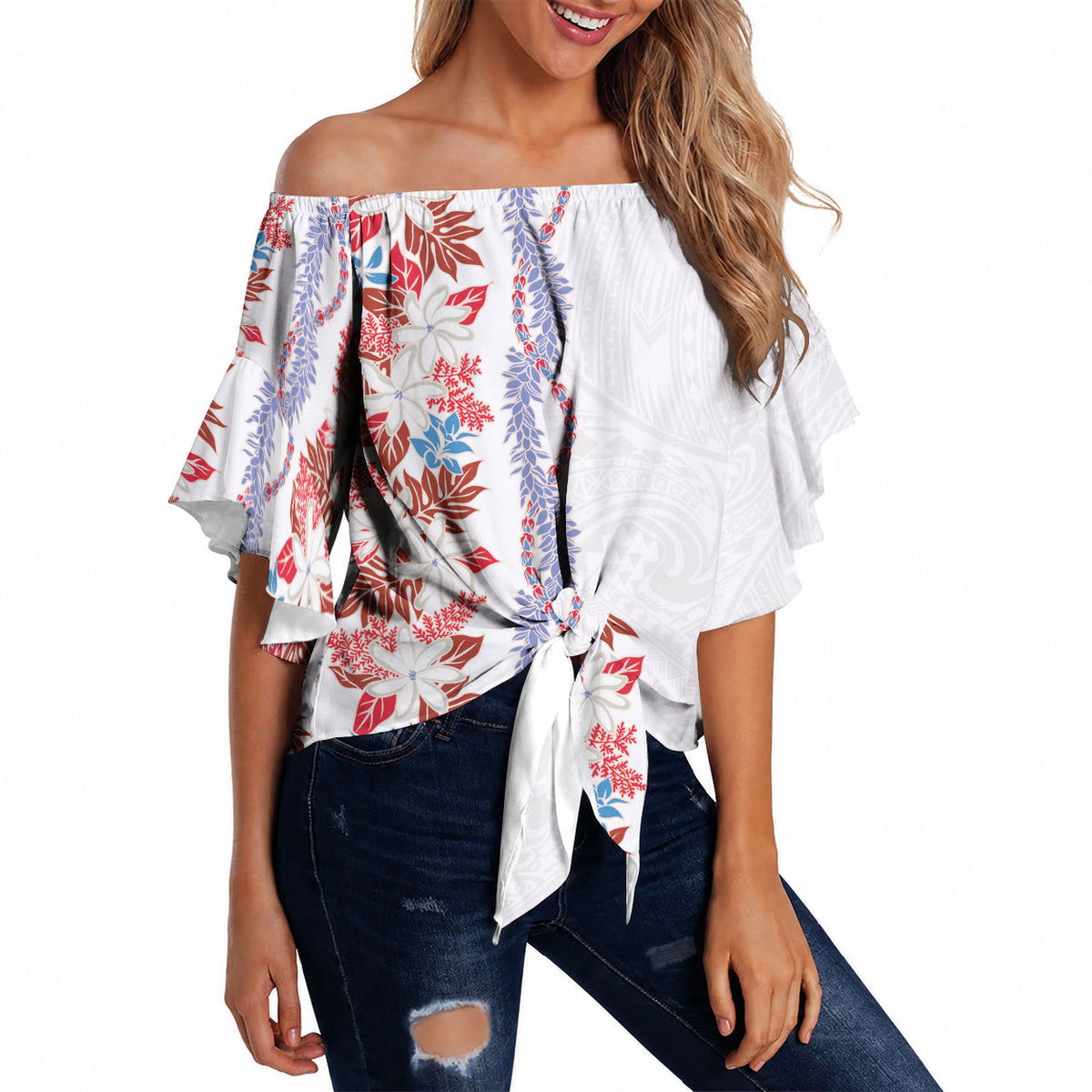 Monstera Tiare Plumeria Off Shoulder Wrap Waist Top Red Polynesian Pattern LT01 Red - Polynesian Pride