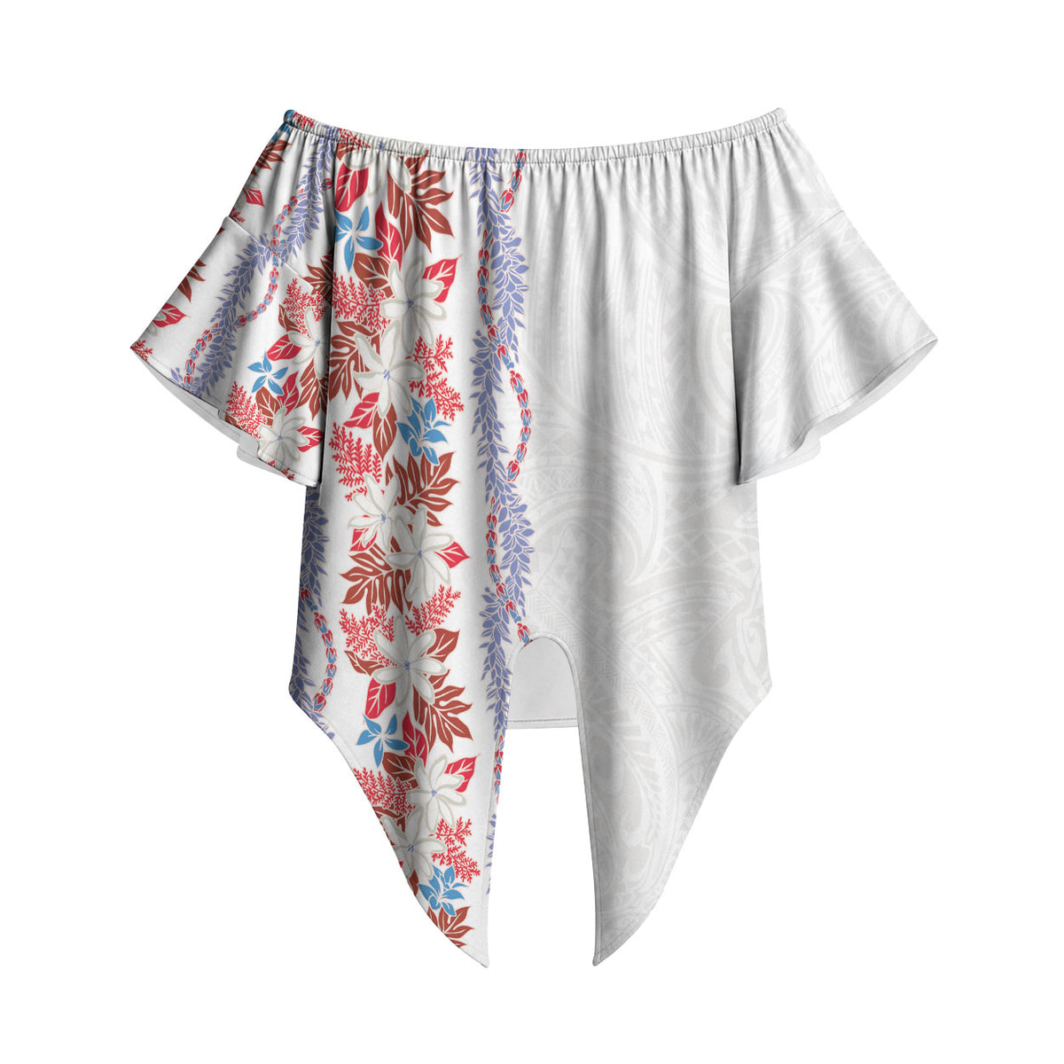 Monstera Tiare Plumeria Off Shoulder Wrap Waist Top Red Polynesian Pattern LT01 - Polynesian Pride
