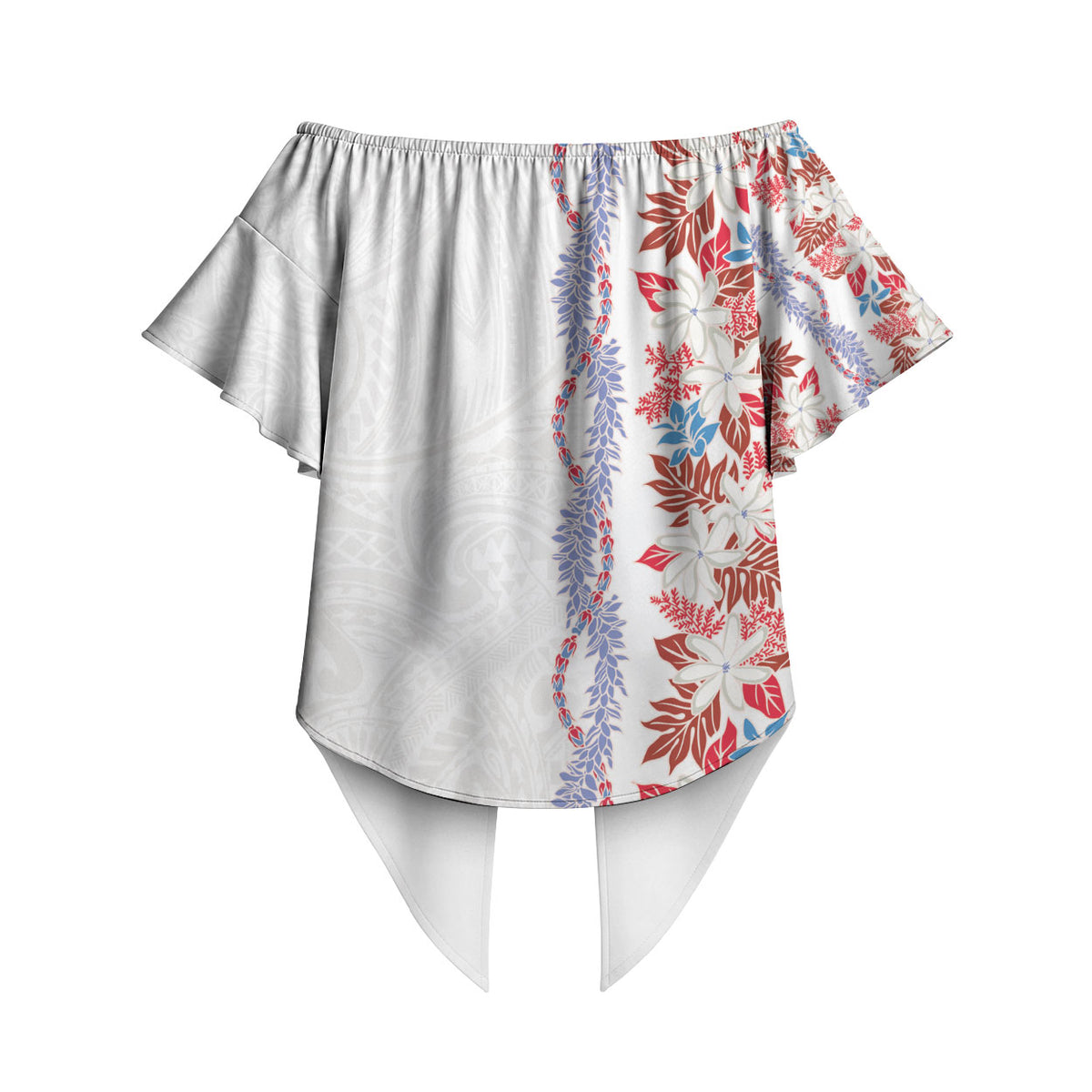Monstera Tiare Plumeria Off Shoulder Wrap Waist Top Red Polynesian Pattern LT01 - Polynesian Pride