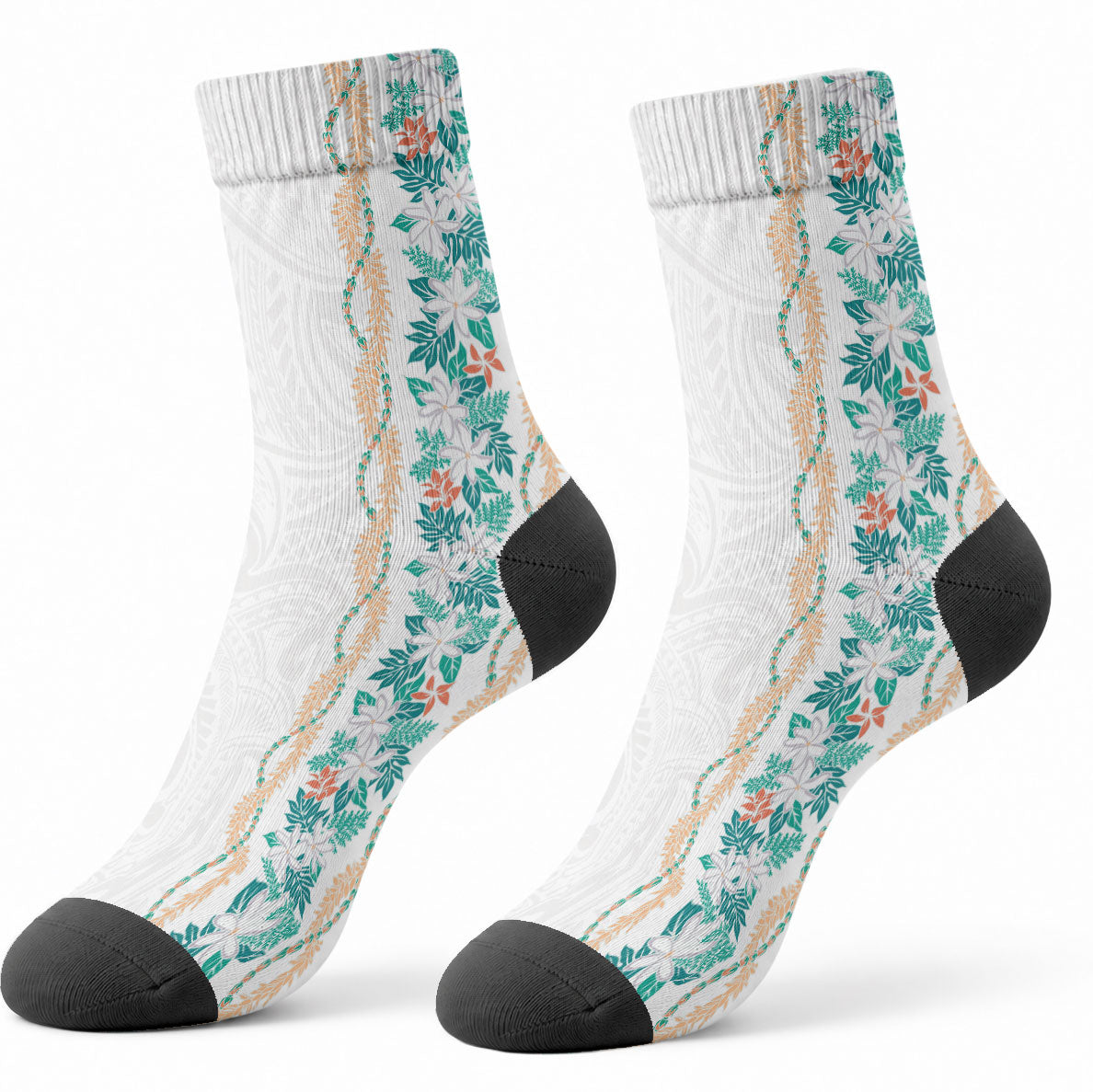 Monstera Tiare Plumeria Crew Socks Teal Polynesian Pattern LT01 - Polynesian Pride