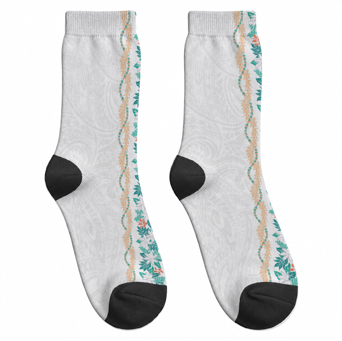 Monstera Tiare Plumeria Crew Socks Teal Polynesian Pattern LT01 - Polynesian Pride