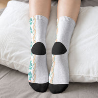 Monstera Tiare Plumeria Crew Socks Teal Polynesian Pattern LT01 - Polynesian Pride