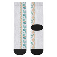 Monstera Tiare Plumeria Crew Socks Teal Polynesian Pattern LT01 - Polynesian Pride