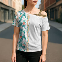 Monstera Tiare Plumeria Cross Shoulder Shirt Teal Polynesian Pattern LT01 - Polynesian Pride
