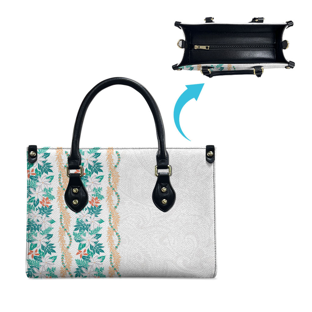 Monstera Tiare Plumeria Leather Bag Teal Polynesian Pattern LT01 - Polynesian Pride