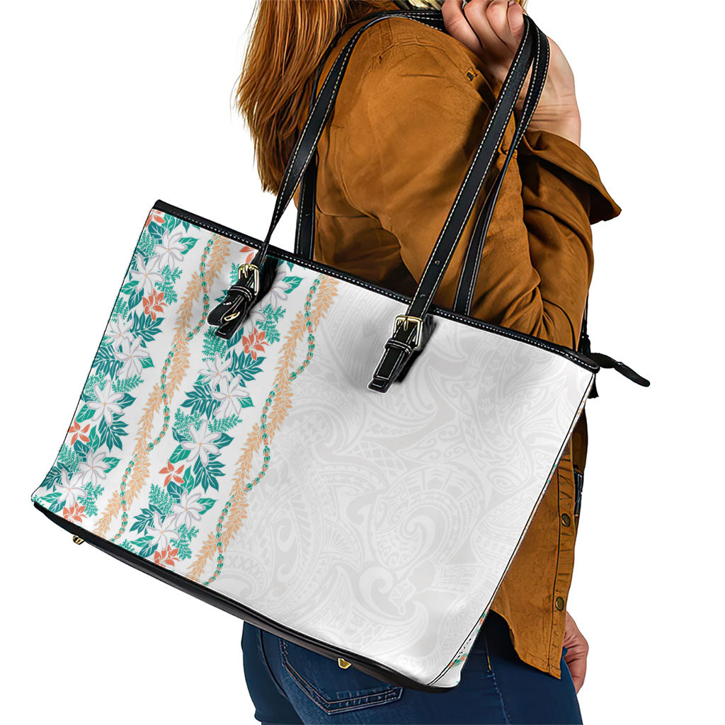 Monstera Tiare Plumeria Leather Tote Bag Teal Polynesian Pattern LT01 - Polynesian Pride