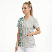 Monstera Tiare Plumeria Scrub Top Teal Polynesian Pattern LT01 - Polynesian Pride