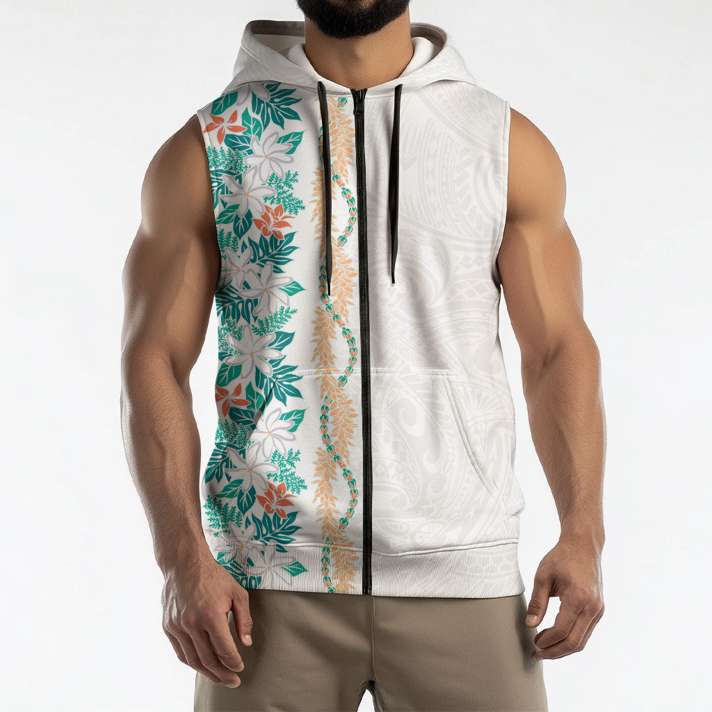 Monstera Tiare Plumeria Sleeveless Zip Hoodie Teal Polynesian Pattern LT01 - Polynesian Pride