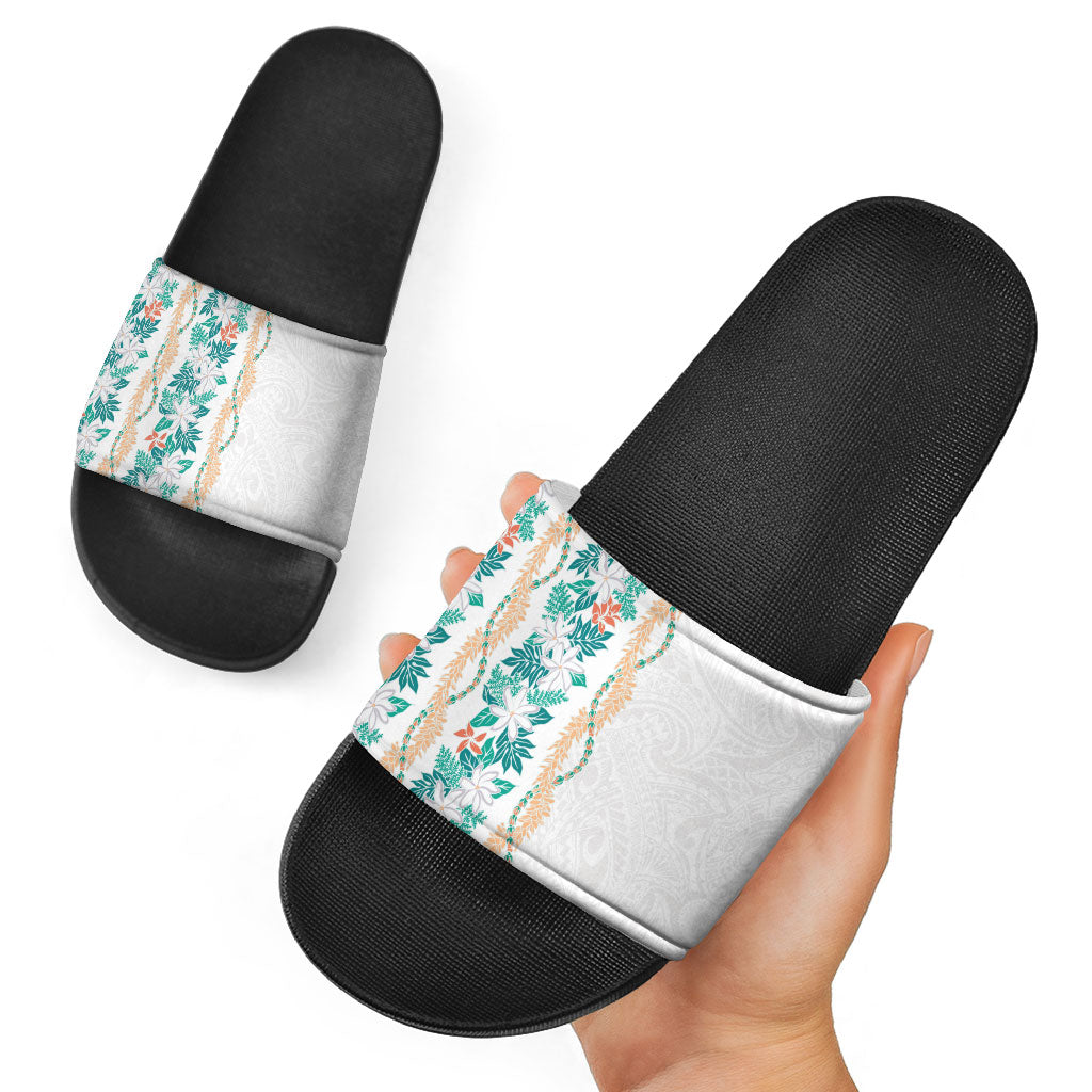 Monstera Tiare Plumeria Slide Sandals Teal Polynesian Pattern LT01 - Polynesian Pride