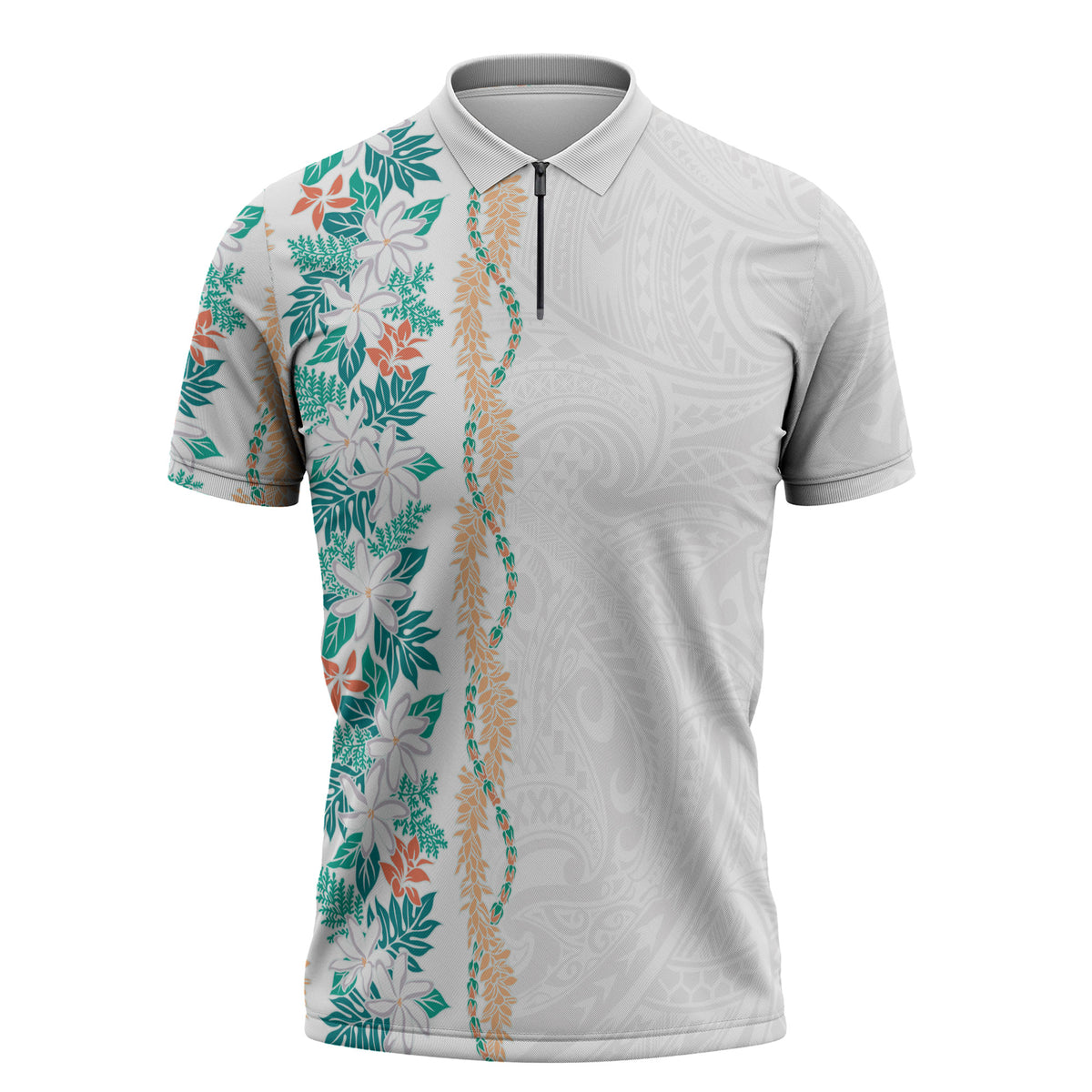 Monstera Tiare Plumeria Zipper Polo Shirt Teal Polynesian Pattern LT01 Teal - Polynesian Pride