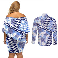 Hawaii Quilt Couples Matching Off Shoulder Short Dress and Long Sleeve Button Shirt Kakau Polynesian Pattern Blue Version LT01 - Polynesian Pride