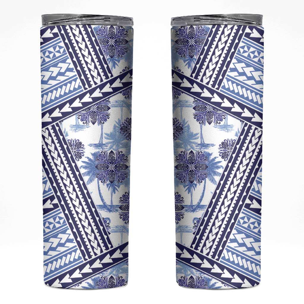 Hawaii Quilt Skinny Tumbler Kakau Polynesian Pattern Blue Version