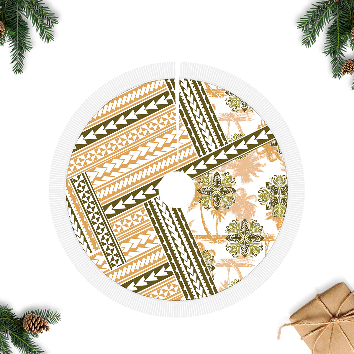 Hawaii Quilt Tree Skirt Kakau Polynesian Pattern Gold Version LT01 Fringed Tree Skirts Gold - Polynesian Pride