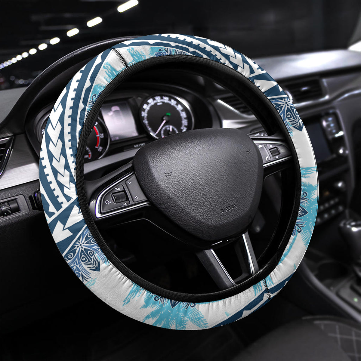 Hawaii Quilt Steering Wheel Cover Kakau Polynesian Pattern Sky Blue Version LT01 Universal Fit Blue - Polynesian Pride