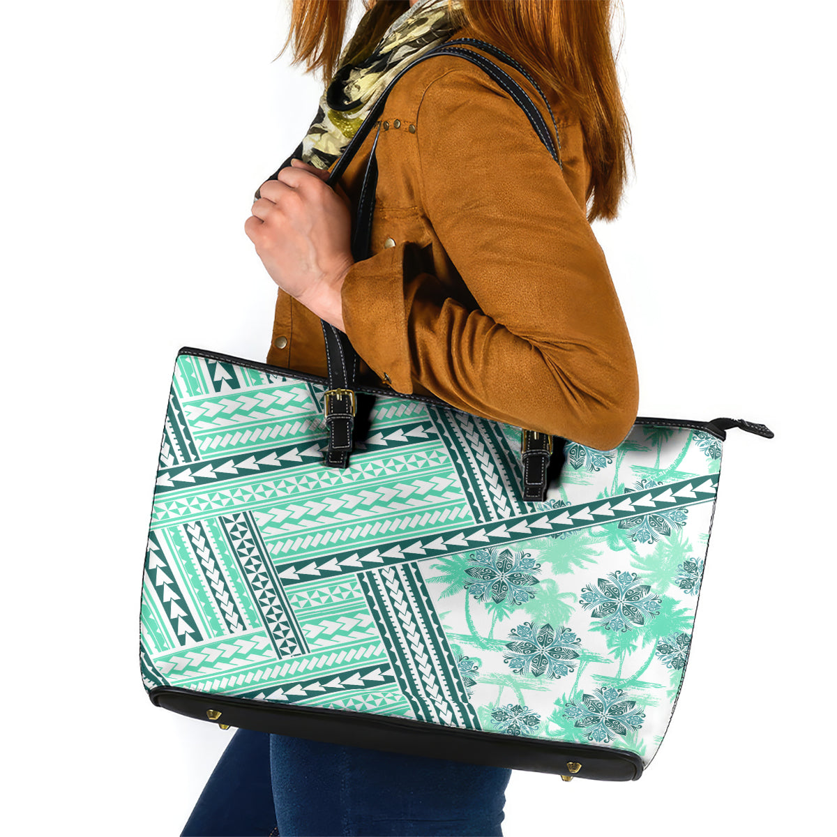 Hawaii Quilt Leather Tote Bag Kakau Polynesian Pattern Teal Version LT01 Teal - Polynesian Pride