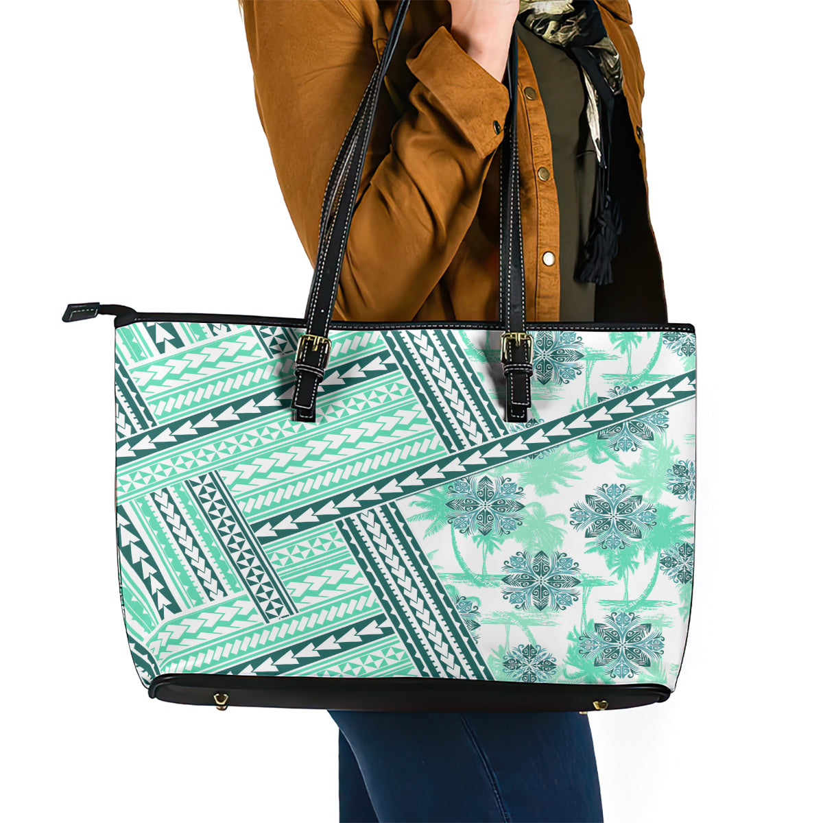 Hawaii Quilt Leather Tote Bag Kakau Polynesian Pattern Teal Version LT01 - Polynesian Pride