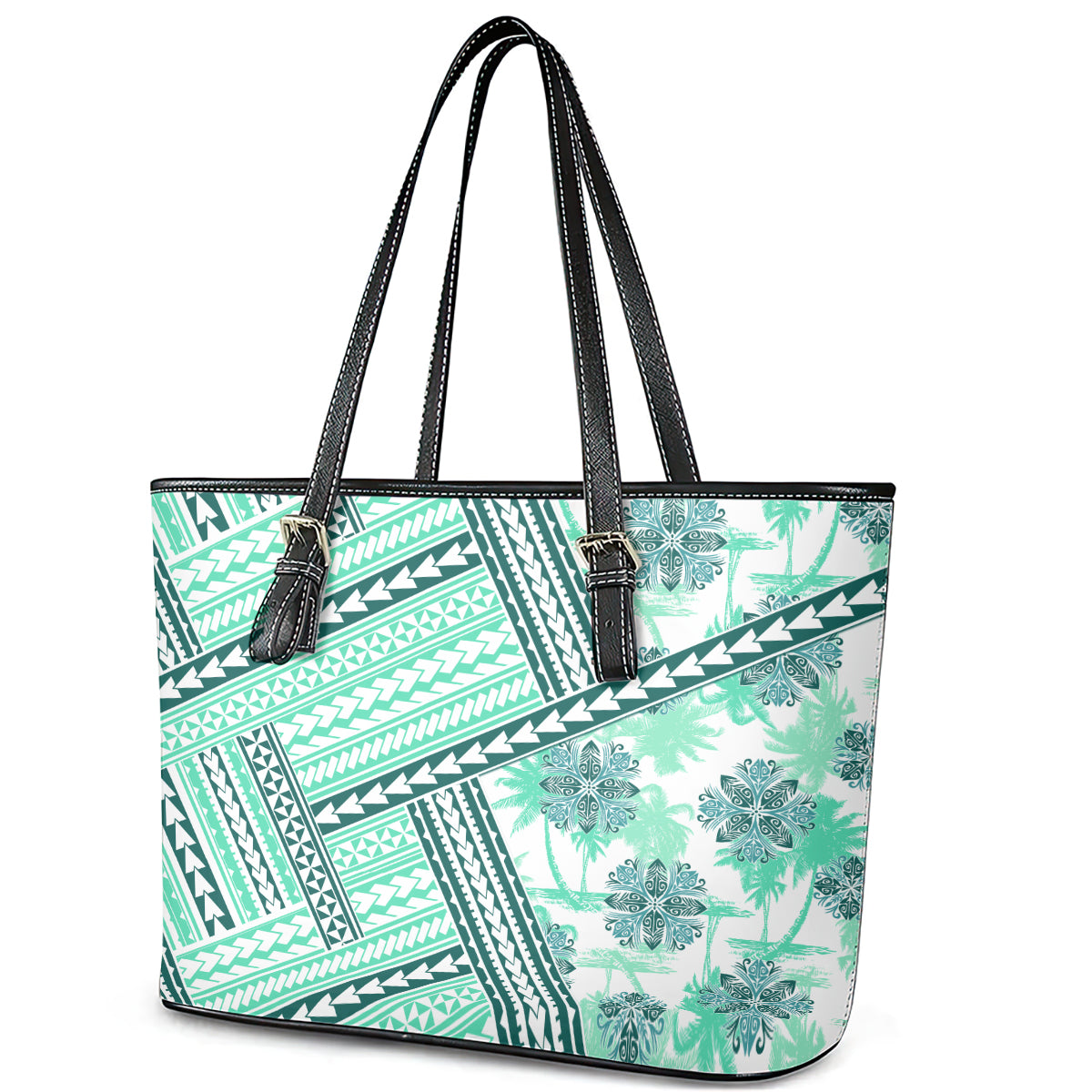 Hawaii Quilt Leather Tote Bag Kakau Polynesian Pattern Teal Version LT01 - Polynesian Pride