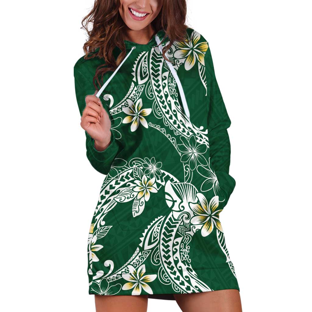 Polynesian Hawaiian Plumeria Tribal Pattern Hoodie Dress Green Version