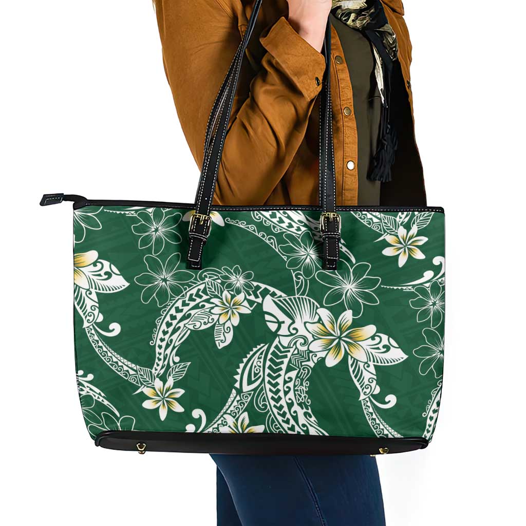 Polynesian Hawaiian Plumeria Tribal Pattern Leather Tote Bag Green Version LT01 - Polynesian Pride