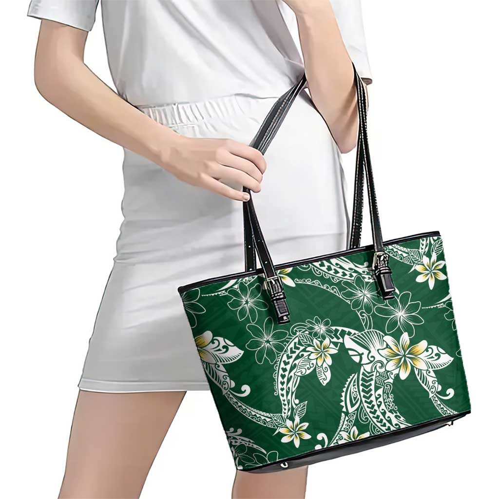 Polynesian Hawaiian Plumeria Tribal Pattern Leather Tote Bag Green Version LT01 - Polynesian Pride