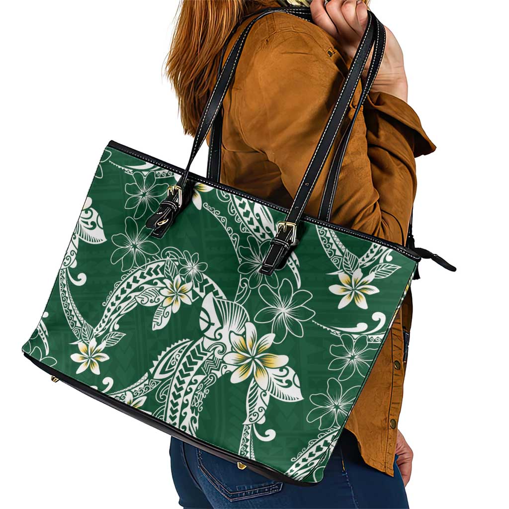 Polynesian Hawaiian Plumeria Tribal Pattern Leather Tote Bag Green Version LT01 - Polynesian Pride