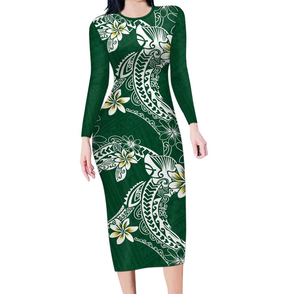 Polynesian Hawaiian Plumeria Tribal Pattern Long Sleeve Bodycon Dress Green Version LT01 Long Dress Green - Polynesian Pride