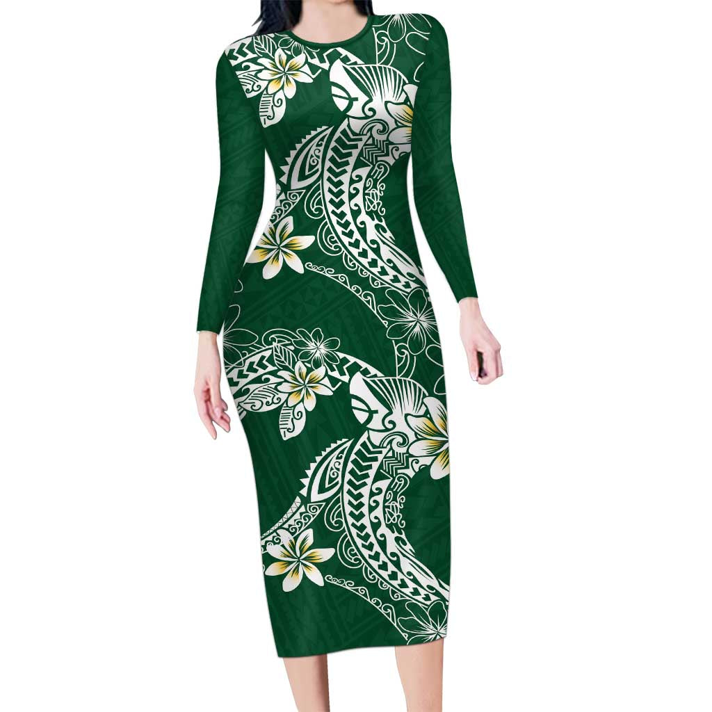 Polynesian Hawaiian Plumeria Tribal Pattern Long Sleeve Bodycon Dress Green Version