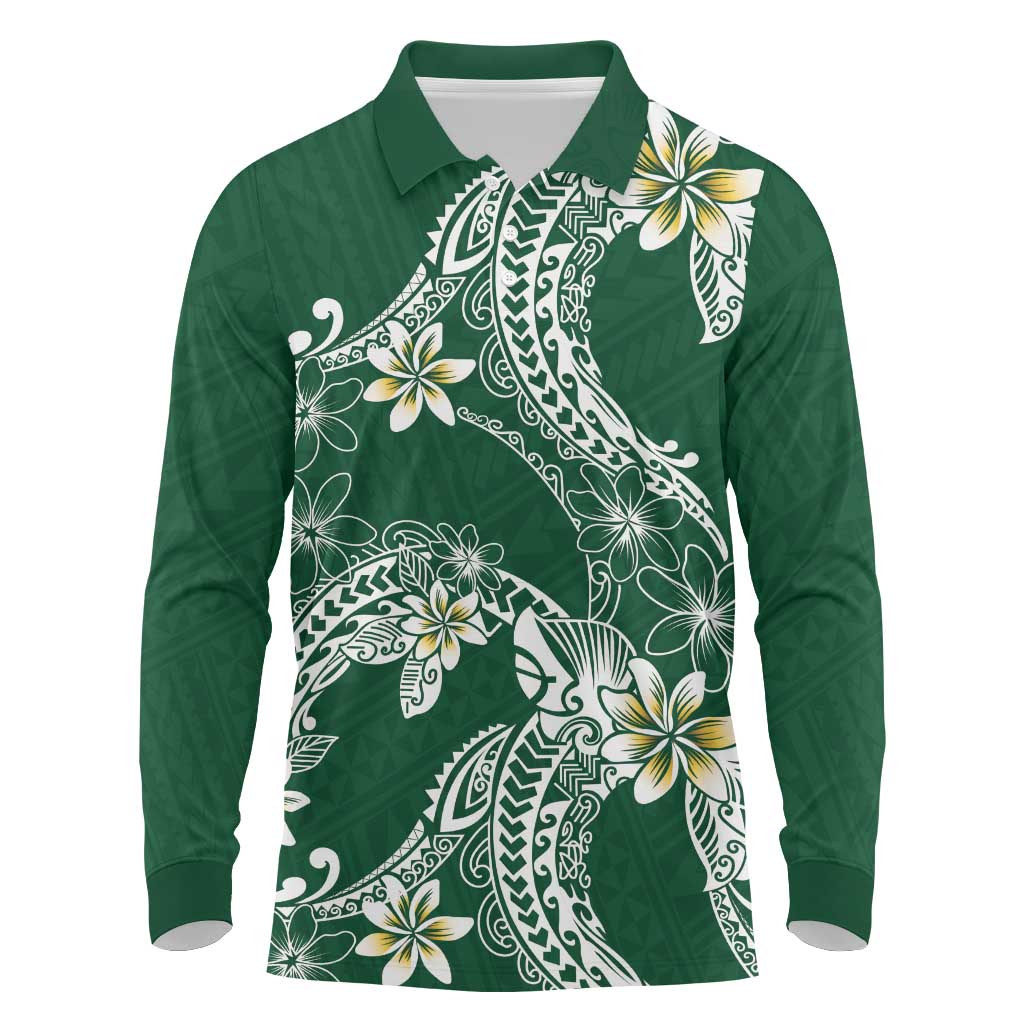 Polynesian Hawaiian Plumeria Tribal Pattern Long Sleeve Polo Shirt Green Version LT01 Green - Polynesian Pride