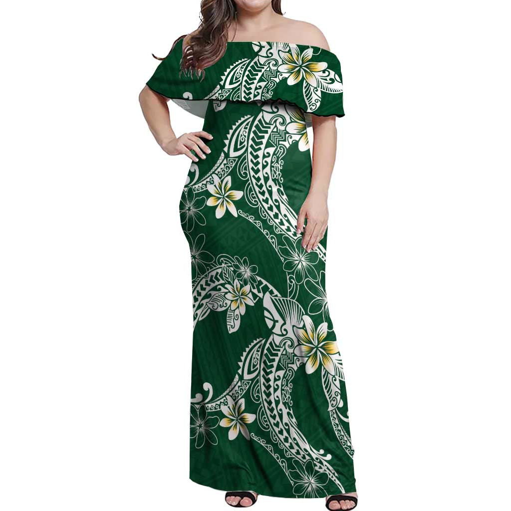 Polynesian Hawaiian Plumeria Tribal Pattern Off Shoulder Maxi Dress Green Version