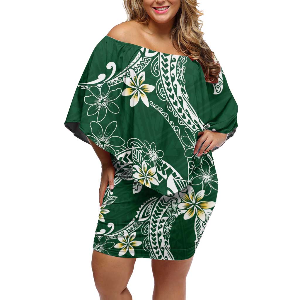Polynesian Hawaiian Plumeria Tribal Pattern Off Shoulder Short Dress Green Version LT01 Women Green - Polynesian Pride