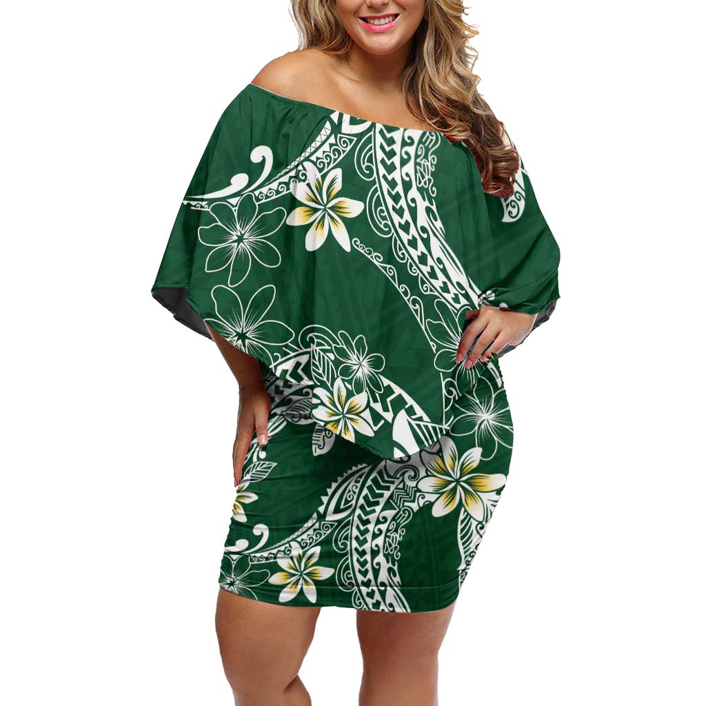 Polynesian Hawaiian Plumeria Tribal Pattern Off Shoulder Short Dress Green Version