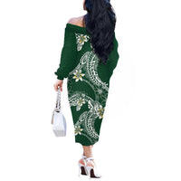 Polynesian Hawaiian Plumeria Tribal Pattern Off The Shoulder Long Sleeve Dress Green Version LT01 - Polynesian Pride