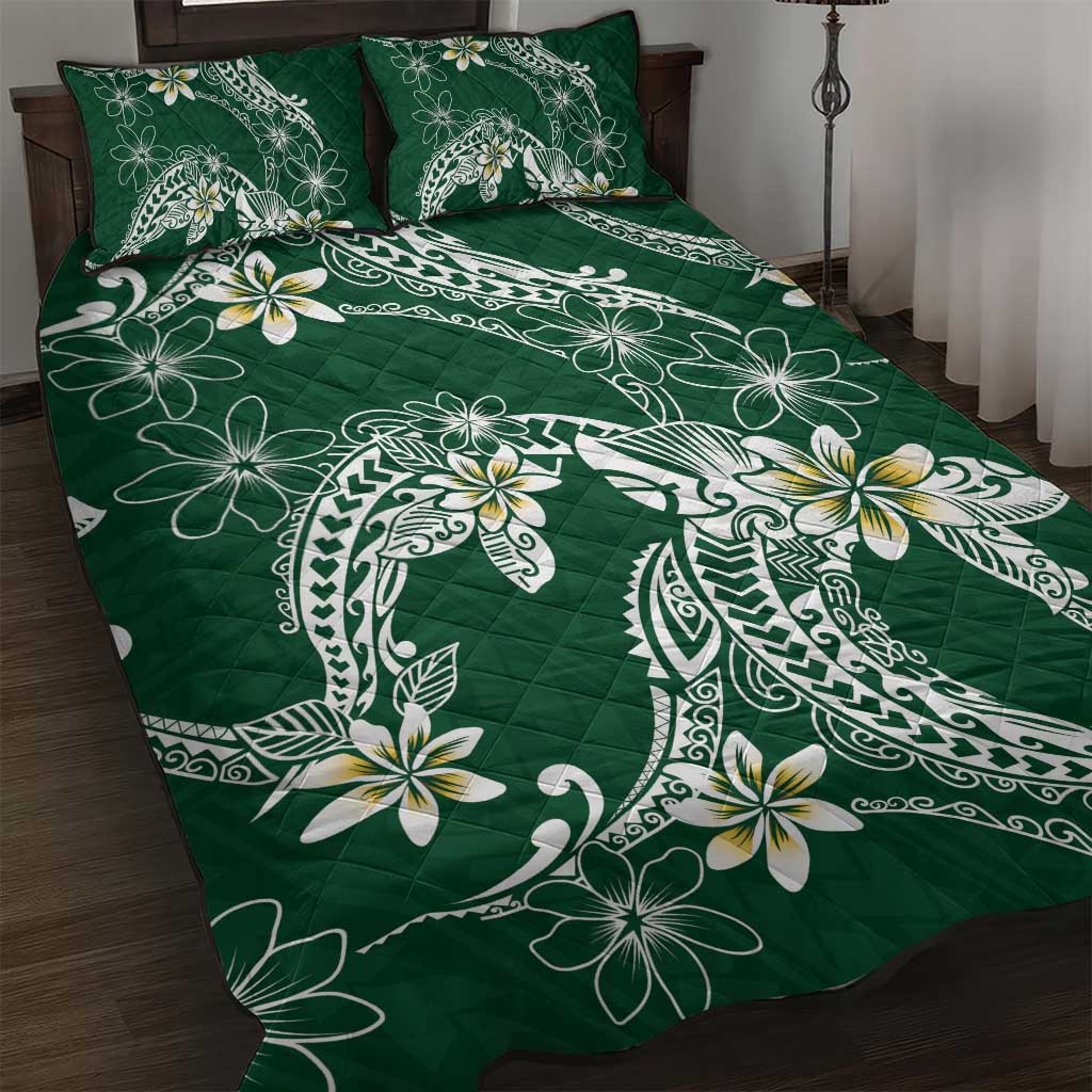 Polynesian Hawaiian Plumeria Tribal Pattern Quilt Bed Set Green Version