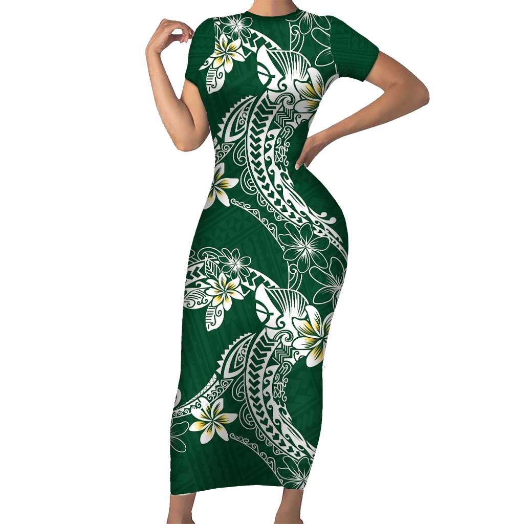 Polynesian Hawaiian Plumeria Tribal Pattern Short Sleeve Bodycon Dress Green Version