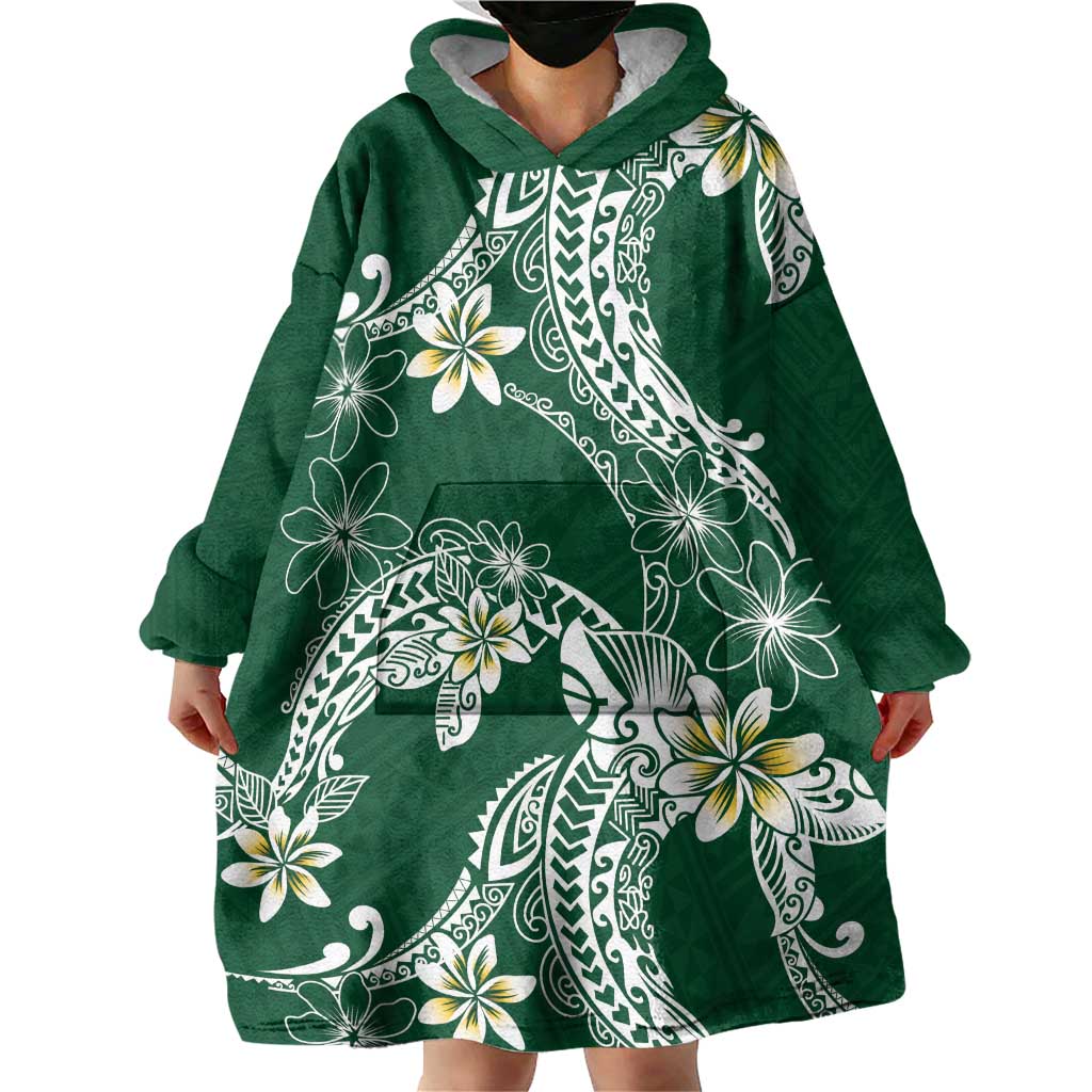 Polynesian Hawaiian Plumeria Tribal Pattern Wearable Blanket Hoodie Green Version LT01 - Polynesian Pride
