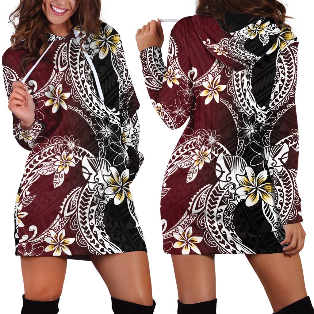 Polynesian Hawaiian Plumeria Tribal Pattern Hoodie Dress Special Wine Red Version LT01 - Polynesian Pride